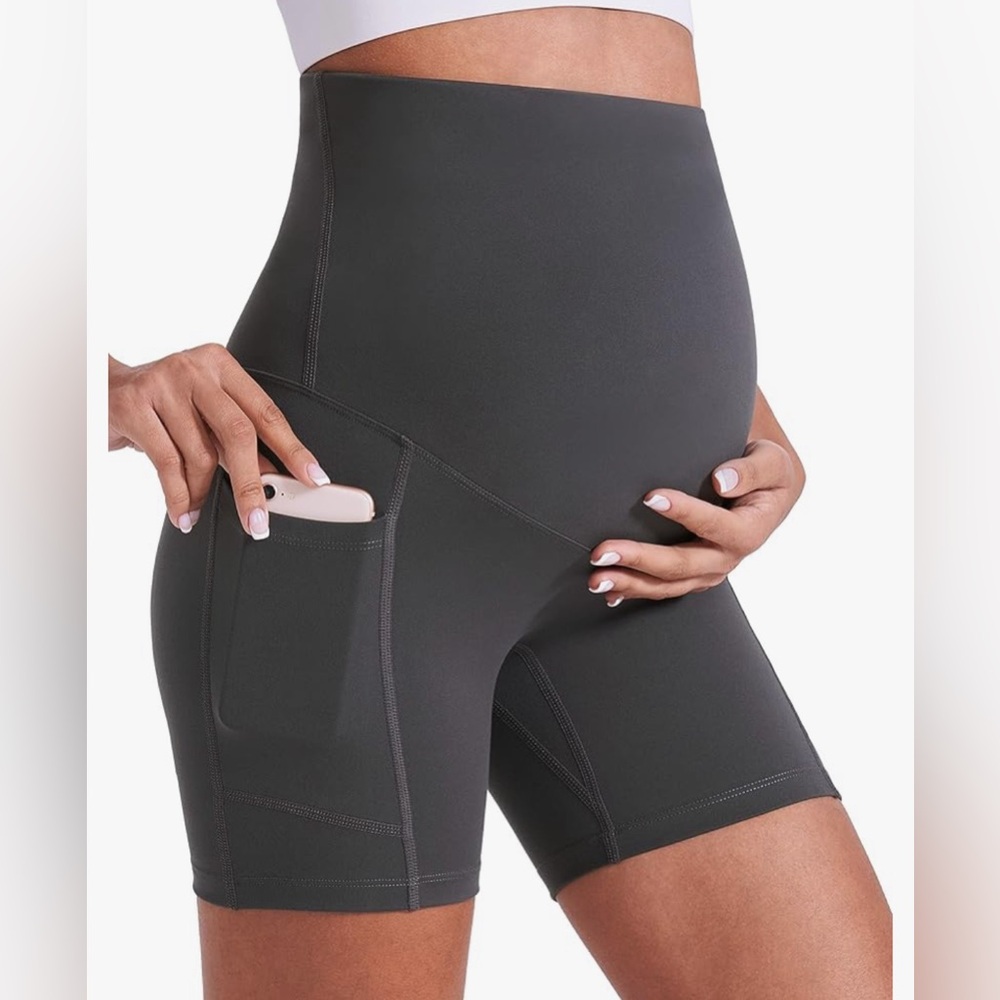 ENERFUL Maternity Over The Belly Yoga Gym Shorts with Pockets- Size L
